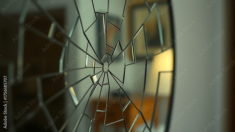 Cracked mirror with a distorted reflection and broken surface texture ...