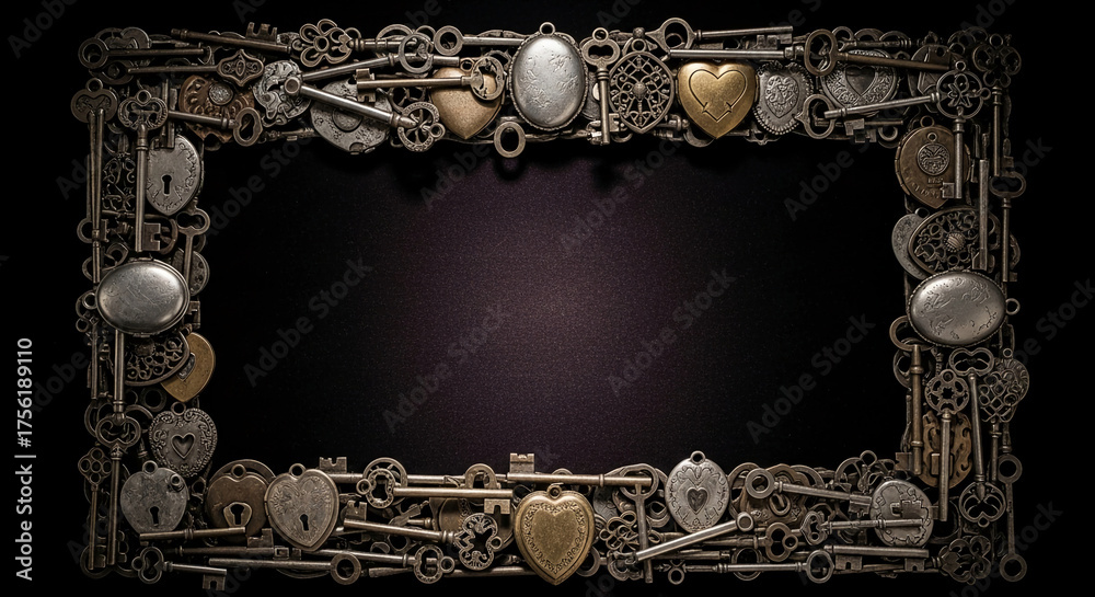 Key Shape Frame Rectangular frame from metal keys and heart-shaped lockets on dark ...