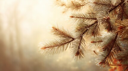 Wall Mural - Peaceful Pine Branch in Soft Warm Light with Gentle Blurry Background Creating a Serene and Tranquil Atmosphere of Nature's Beauty