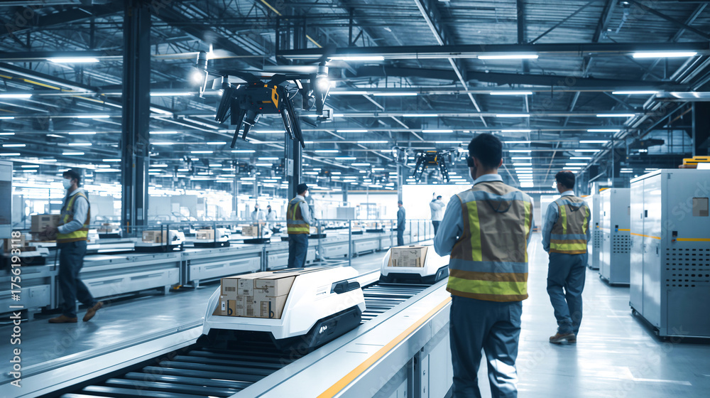 Automated warehouse with drones and robots handling logistics, smart ...