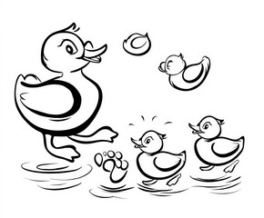 Ducklings following their mother , coloring page for kids, simple outline illustration. Coloring book.