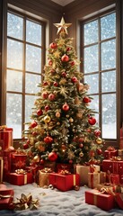 Wall Mural - a beautifully decorated christmas tree adorned with red ornaments and surrounded by festive gifts sits before a snow-covered window scene.