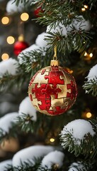 Wall Mural - a close-up of a red and gold puzzle piece christmas ornament hanging on a snow-dusted evergreen branch with blurred bokeh lights in the background.