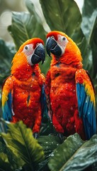 Wall Mural - two scarlet macaws, glistening with raindrops, share a quiet moment amidst lush tropical foliage.