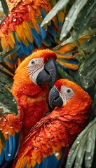 Wall Mural - two scarlet macaws with glistening water droplets on their vibrant plumage gaze at each other amidst lush tropical foliage.