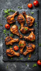 Wall Mural - a top-down view of beautifully glazed and browned chicken drumsticks arranged on a dark slate serving board with scattered cherry tomatoes and fresh herbs.