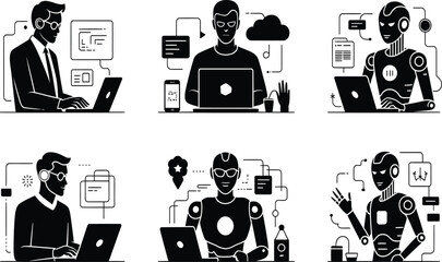 AI-Powered Workforce Automation and Digital Transformation Solutions Featuring Humanoid Robots and Professionals Optimizing Processes with Tech