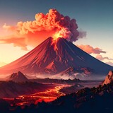A vibrant, animated volcano erupts, with fiery clouds at sunset