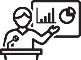 Wall Mural - presenter giving a business presentation with charts and graphs, representing data analysis, strategy, and communication vector outline icon