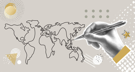  Trendy halftone collage. Hand draws a world globe map. Modern photo collage style. Vector illustration