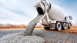 © liliyabatyrova - A concrete mixer truck releases a steady flow of wet cement onto a steel mesh framework at a bustling construction site. The scene is set against a backdrop of a bright blue sky and raw earth