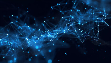 Abstract technology background with glowing blue lines and dots representing a network or digital connections.