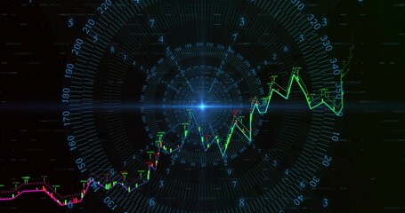 Wall Mural - Displaying fluctuating line graph and candlesticks on dashboard with radial degree grid, blue node