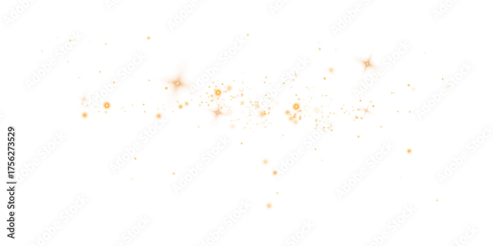 Gold sparks and stars glitter with a special light effect. Sparkles on a transparent background. Christmas abstract.