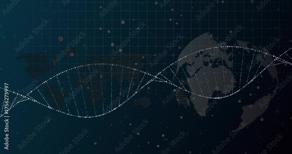 Dotted helix wave floating on digital interface with world map, globe ...