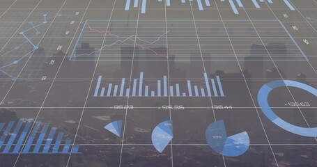 Wall Mural - Financial charts overlaying dusk city skyline, with gridlines bar line pie charts labels