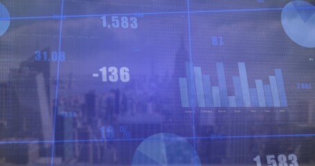 Wall Mural - Displaying digital analytics overlaying city skyline, with bar chart January-July and pie segments