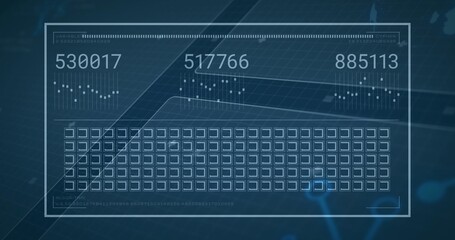 Wall Mural - Displaying digital dashboard overlaying blue screen with readouts and mini-graphs above grid icons