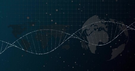 Wall Mural - Dotted helix wave floating on digital interface with world map, globe, grid lines and data points