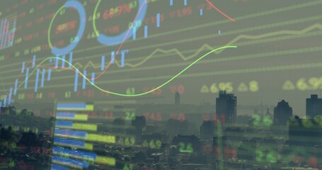 Wall Mural - Overlaying financial data over smoggy city skyline, featuring graphs, candlestick bars and tickers