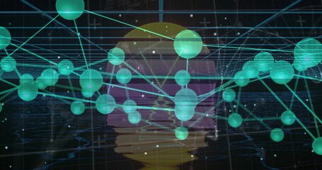 Wall Mural - Network of green spheres floating, linking via cyan lines in digital grid, with gradient orb
