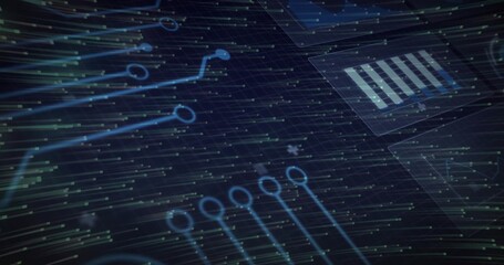 Wall Mural - Displaying glowing circuit pathways and nodes over grid lines, binary streaks and bar-chart overlay