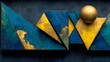 © panumas - Painting of a gold ball on a blue background. The gold ball is surrounded by a blue and yellow triangle