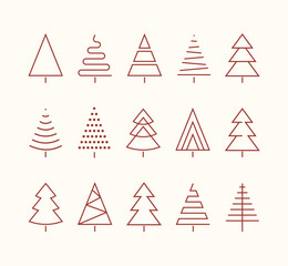 Wall Mural - set of minimalistic green christmas tree line flat icon element, abstract geometric winter pattern, icons editable stroke, trees symbol for new year, Christmas design cards, poster, banner vector Xmas