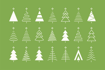 Wall Mural - set of minimalistic green christmas tree line flat icon element, abstract geometric winter pattern, icons editable stroke, trees symbol for new year, Christmas design cards, poster, banner vector Xmas