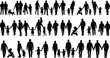 © Masum Creatives - Family silhouette vector set, parents and children walking, stroller icons, caregiving graphics, black human figures, everyday life illustration