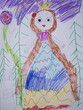 © Sofa - Colorful illustration of a princess with long brown hair, wearing a vibrant dress, surrounded by flowers and trees, showcasing a whimsical and imaginative scene for children
