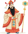 © RAMJAN - ancient Chinese official of Ming or Qing dynasty dress cosplay or costume in red uniform bless or greeting by holding Chinese gold called Sycee drawing in cartoon