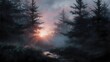 © Thares2020 - Golden sunbeams pierce the dense misty forest canopy at sunrise casting ethereal light and shadows over a tranquil woodland path and stream
