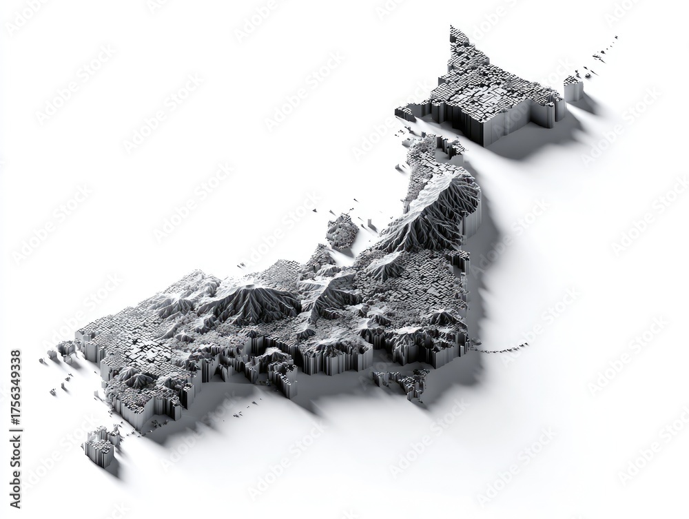 3D topographic map of an island nation, cast in gray, with mountainous ...