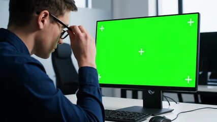 Man working on a desktop computer with a green screen monitor. Over the shoulder view of a professional in a modern office. Chroma key screen for website or software mockup