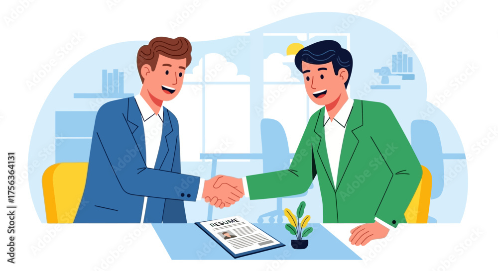 Two smiling businessmen in suits shaking hands across an office desk ...
