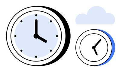 Wall Mural - Two analog clocks, one large with a blue shadow and one small, alongside a pale blue cloud. Ideal for time management, scheduling, productivity, punctuality, cloud services, modern technology
