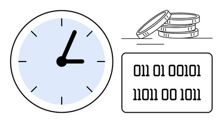 Wall Mural - Clock with bold hands and a binary code alongside coin stack, merging time, finance, and digital technology. Ideal for productivity, tech, savings, efficiency, analytics data simple flat metaphor