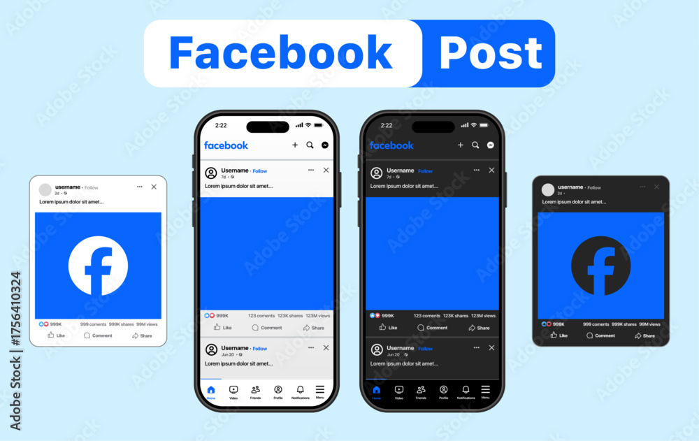 Facebook 2025 post frame mockup with feed layout, stories, reactions ...