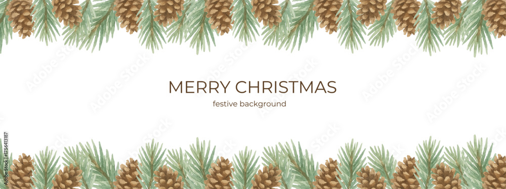 Watercolor Christmas background with pine cones and evergreen branches ...