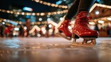 Motion Blur of Red Skates on Urban Rink with Festive Christmas Market Lights