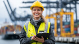 Professional female port officer wearing bright yellow vest and hard hat checks shipping manifest on clipboard beside towering containers, harbor cranes blurred in background