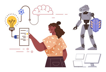 Wall Mural - Woman engaging with tech interface, ideas symbolized by lightbulb, cloud computing diagram, robot with shield, computer screens. Ideal for technology, innovation, AI, security data creativity