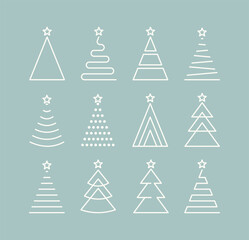 Wall Mural - set of minimalistic green christmas tree line flat icon element, abstract geometric winter pattern, icons editable stroke, trees symbol for new year, Christmas design cards, poster, banner vector Xmas