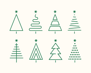 Wall Mural - set of minimalistic green christmas tree line flat icon element, abstract geometric winter pattern, icons editable stroke, trees symbol for new year, Christmas design cards, poster, banner vector Xmas