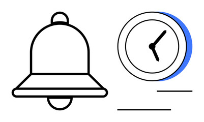 Wall Mural - Bell icon symbolizing alert or notification beside a clock representing time management. Ideal for reminders, alerts, productivity, scheduling, deadlines, punctuality, simple flat metaphor