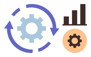 Wall Mural - Gear encircled by arrows, bar chart, and secondary gear emphasize process automation, performance analysis, and growth. Ideal for efficiency, productivity, strategy, progress data insights
