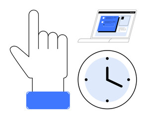 Wall Mural - Hand pointing upward, laptop with a digital interface, and clock indicating productivity tips, focus, and deadlines. Ideal for time management, multitasking, workflow, scheduling efficiency