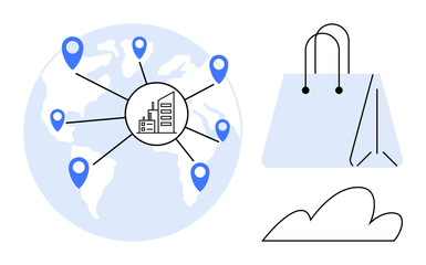 Wall Mural - Earth map with blue location markers linked to a central hub, shopping bags, and cloud. Ideal for global trade, logistics, online shopping, retail network, connectivity, supply chain business