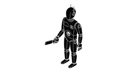 Futuristic robot holding a tablet, representing advanced technology and artificial intelligence.